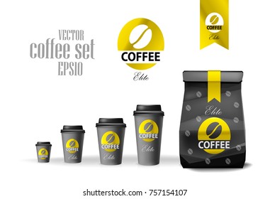 Set of black paper food bag package of coffee and coffee cups different sizes. Vector packaging template.
