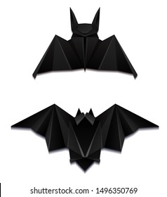 Set of black paper origami bats. 3D object separately from the background. Craft Zoo. Halloween holiday. Vector element for cards, invitations, cards and your creativity.