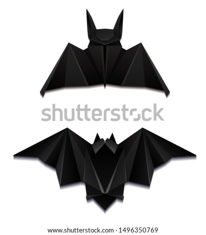 Set of black paper origami bats. 3D object separately from the background. Craft Zoo. Halloween holiday. Vector element for cards, invitations, cards and your creativity.