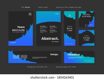 Conjunto de plantillas de papel negro diseño de diseño abstracto, fácil de usar para cualquier propósito publicitario y fácil de editar, incluye portada de folletos, banners y plantillas de post sociales, vector.