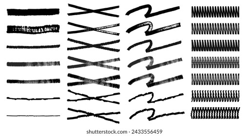 Set of black pen marker line art. Scribble, grunge, dry stain. Vector illustration