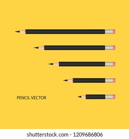 Set of black pencil long to short vector illustration on yellow background, business concept