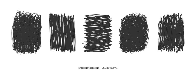 Set of black pencil scribble texture frames. Monochrome Abstract textured shapes. Grunge element for highlight, graphic art design, collage