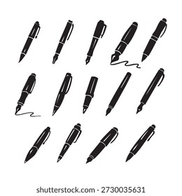 Set of black pens icon vector illustration, includes different pen types, perfect for office, stationery, education, writing, and creative design projects.