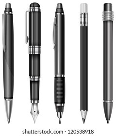 Set of black pens and pencils isolated on white, vector illustration