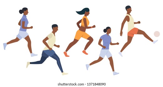 Set of black people playing football. Group of African people running outdoors. Vector illustration can be used for presentation, marathon, running