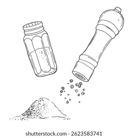 Set with black pepper. Graphic hand drawn engraving style. Botanical illustration for packaging, menu cards, posters, prints.