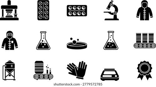 Set of black pharmaceutical and laboratory research icons for medical science industry