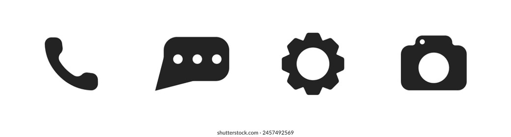 Set of black phone, message, gear, camera vector icons. Icons of programs on gadgets. Settings icon. Logo of web icons for the Internet, phone, computer. Vector illustration.