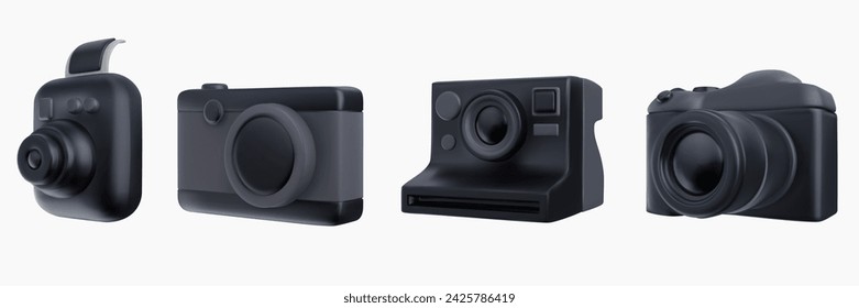 Set black photo camera in bright cartoon 3d style. Cute modern minimal vector illustration.