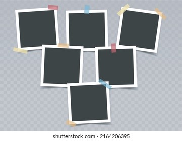 Set of black photo frames with color adhesive tape on transparent background. Vector realistic mockup. Six empty square photo cards for collages, presentation, congratulations,albums.Blank Template. 