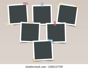 Set of black photo frames with color adhesive tape on beige background. Vector realistic mockup. Six empty square photo cards for collages, presentation, congratulations,albums. Blank Template. 