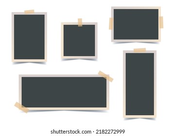 Set of black photo frames different formats with beige duct tape. Vector realistic mockup. Vertical, Horizontal, Wide, Square Blank Templates. Five empty photo cards with border. EPS10. - Shutterstock ID 2182272999