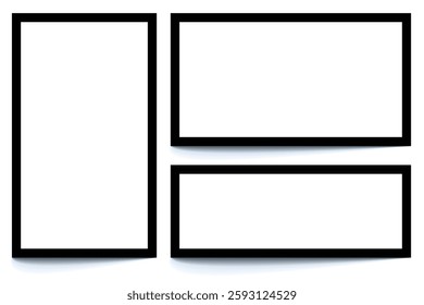 Set of black photo frames. Realistic old photo frame isolated on transparent background. Square and rectangular pictures. Vector illustration