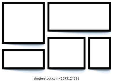 Set of black photo frames. Realistic old photo frame isolated on transparent background. Square and rectangular pictures. Vector illustration