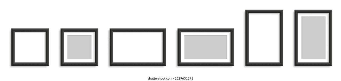 Set of black photo frames with shadows in various sizes and orientations, isolated on white background, realistic vector illustration.