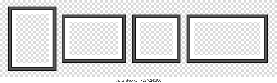 Set of black photo frames. White passe-partout. Square and rectangular pictures. Poster or painting mockup on a transparent background