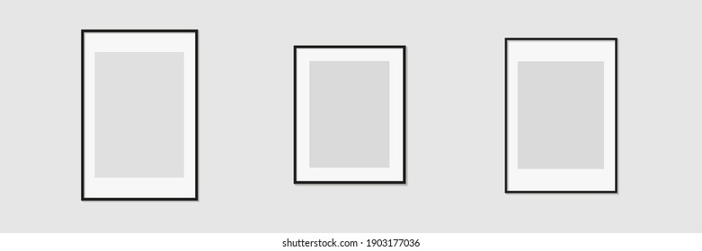 Conjunto de fotos o marcos de imagen negros con estera blanca y tonos aislados en el fondo gris. Ilustración vectorial. La decoración de las paredes. Marcos verticales de fotos Rectángulo