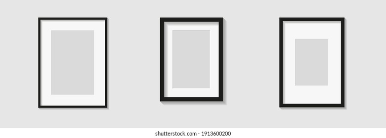 Set of black photo or picture frames with white mat and shades isolated on gray background. Vector illustration. Wall decor. Rectangle vertical photo frames