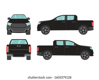 Set Of Black Pickup Truck Car View On White Background,illustration Vector,Side, Front, Back