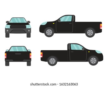 Set Of Black Pickup Truck Single Cab Car View On White Background,illustration Vector,Side, Front, Back