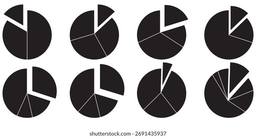 Set of black pie chart icons with different segment divisions, simple circular infographic symbols for business, finance, statistics, report data visualization, and analytics design 