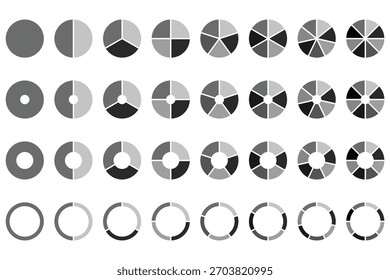 Conjunto de iconos de gráfico circular negro con diferentes divisiones de segmento, símbolos de infografía circulares simples para negocios, finanzas, estadísticas, visualización de datos de informes y diseño de análisis