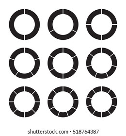 Set of black pie charts in ring form. Templates sectoral graphs. Business data, monochrome elements for infographics. Vector