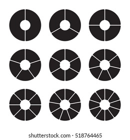 Set of black pie charts with rounded contour. Templates sectoral graphs. Business data, monochrome elements for infographics. Vector