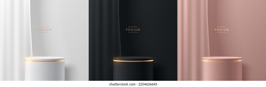 Set of black, pink gold, white and golden 3D background with round stand podium, Smooth curtain, Minimal wall scene mockup product stage showcase, Promotion display. Abstract vector geometric forms.