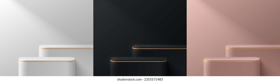 Set of black, pink gold, white and golden 3D background with level round product podium. Luxury mockup display presentation. Minimal wall scene. Stage showcase. Platforms vector geometric design.