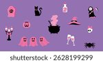 set of black and pink halloween element, pink gravestone, black cat, jack o lantern bucket, candle on holder, pink sheet ghost, witch cauldron, pink. halloween drink, witch hat, grim reaper, spider