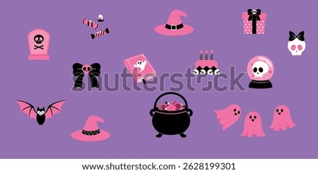 set of black and pink halloween element, gravestone, cute bat, skull and bow, ghost book, witch hat, cauldron with treat, birthday cake, crystal ball with skull, pink cute sheet ghost illustration