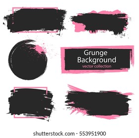 Set of black and pink paint, ink brush strokes, brushes, lines. Dirty artistic design elements, boxes, frames for text