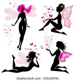 Set of black and pink silhouette fairy girls with butterflies and stars, isolated on white background. Fairytale design elements.