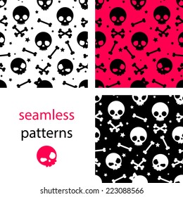 Set of black, pink and  white  seamless patterns with cute cartoon skull and bones with  star for Halloween
