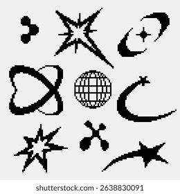 A set of black pixel art-inspired Y2K elements perfect for streetwear fashion design. Includes stars, orbs, abstract and cyber core aesthetics that capture the retro-futuristic vibe of the early 2000s