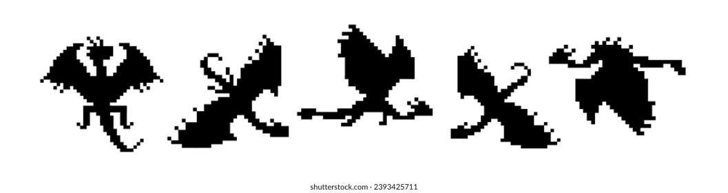 Set with black pixel dragons silhouettes isolated on white. Pixel art style design for new year 2024 package, home textile, embroidery, clipart, sticker, poster, apparel fabric, print.