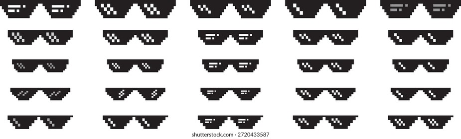 Conjunto de vidros de pixel pretos sobre fundo transparente. ícone Pixelated Cool Thug Glasses. Copos De Vida De Bandido. Meme de vida de bandido preto como óculos em estilo pixel. Vidros de Vida Thug