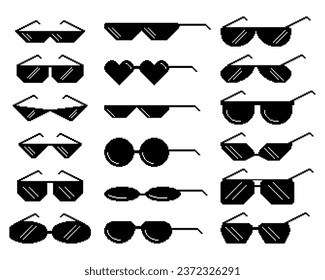 Set of Black Pixel Sunglasses Offers A Trendy Blend Of Retro Style And Modern Tech. With Pixelated Lenses And Frames, Its A Fusion Of Fashion And Innovation. Isolated Monochrome Eyewear Vector Icons