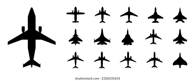 Conjunto de silueta de plano negro. Colección de iconos del avión. Plano vectorial, chorro, silueta de aviación