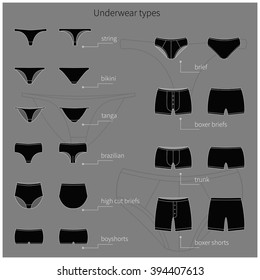 Set of black plane simple men`s and women`s underwear. Vector.