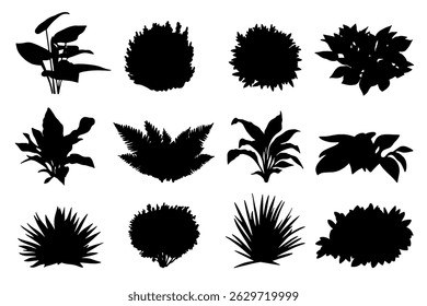 Set of black plant and bush silhouettes. Includes a variety of tropical leaves, shrubs, ferns, and ornamental foliage. Perfect for landscape design, garden planning, or botanical illustration projects