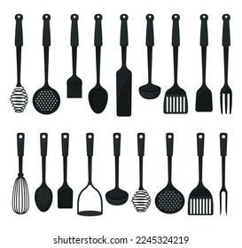 Set of black plastic kitchen tools. Kitchenware utensils collection vector
