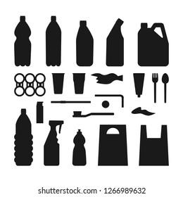 Set of black plastic objects on white background. Silhouette of plastic garbage Bottle, bag, straw, spoon, fork. Plastic pollution.