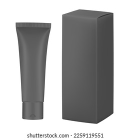 Set of black plastic tube and box. Realistic mockup. Ointment or salve. Gel serum. Korean packaging. Blank cardboard package