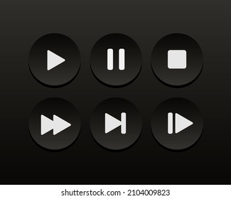 Set of black play buttons. Play, pause, forward, skip, stop. Vector clipart isolated on dark background.