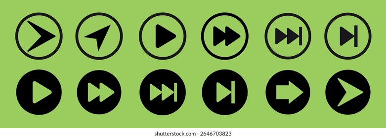 Set of black play and forward icons on a green background. Includes play, forward, and arrow symbols. Simple play and forward icons for media controls. Arrow icon vector set.