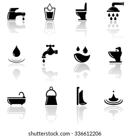 set of black plumbing sanitary engineering icons with mirror reflection silhouette