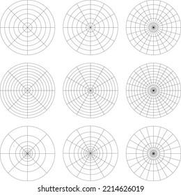 Set of black polar grid, concentric circles, radial dividers. Mandala template. Isolated vector illustration, transparent background. Asset for pattern, overlay, montage or guide.